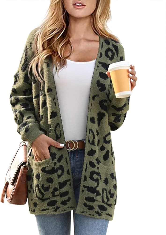 Womens Leopard Print Knitted Sweater Cardigan Open Front Coat Outwear with Pockets