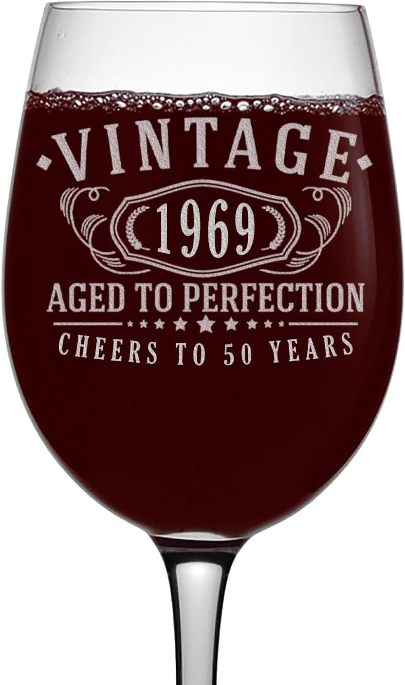 Vintage 1969 Etched 16oz Stemmed Wine Glass - 50th Birthday Aged to Perfection - 50 years old gifts