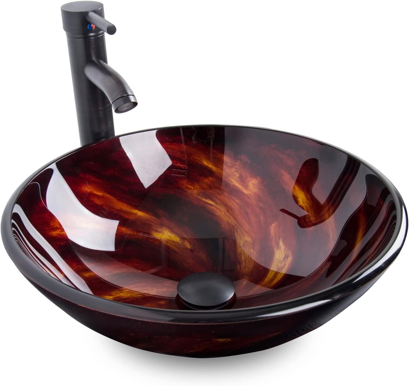 Artistic Vessel Sink Bathroom Tempered Glass Vanity Round Bowl with Oil Rubber Bronze Faucet and Pop up drain Combo, Flame Red