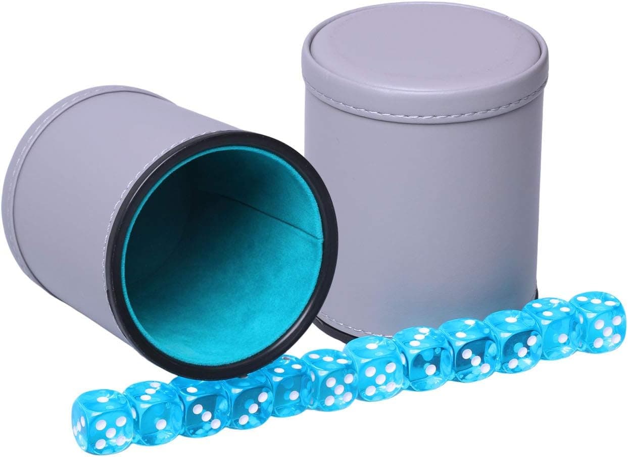 Dice Cup Set PU Leather and Felt-Lined, Quiet Shaking for Yahtzee Farkle Liars Dice Games, Includes Six 16mm Regular Dice, 2 Pack