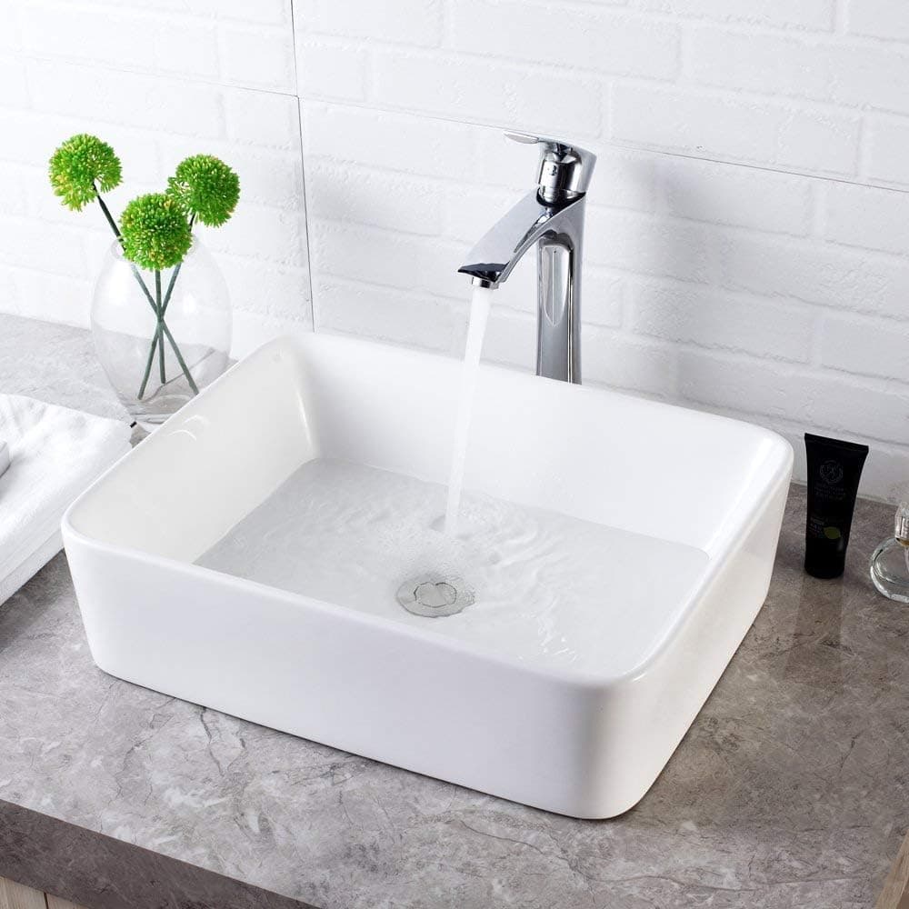 Lordear 19"x15" Rectangle Bathroom Sink and Faucet Combo Modern Above White Porcelain Ceramic Vessel Vanity Sink Art Basin& Chrome Single Lever Faucet Combo