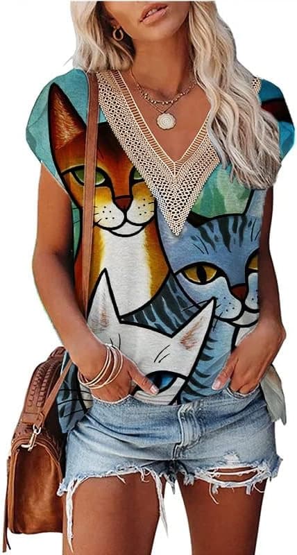 ETCYY Womens Summer Tops Trendy 2023 Casual Cap Sleeve T Shirts Floral Print Cute Tops V Neck Short Sleeve Shirts
