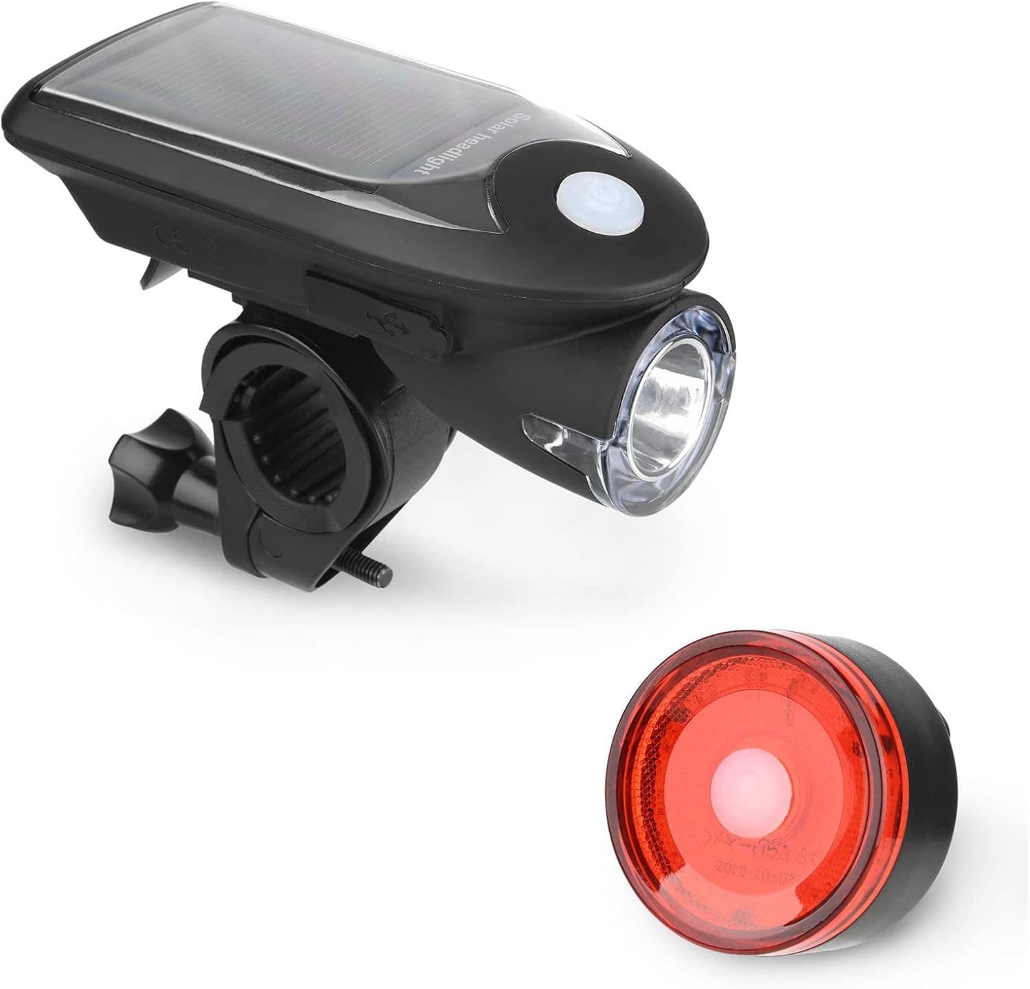 Solar Bike Light Set, USB Rechargeable Front Light Bicycle Waterproof Solar Headlight and Solar Bike Taillight, Front Light and Rear Light with 2 Mounting Brackets