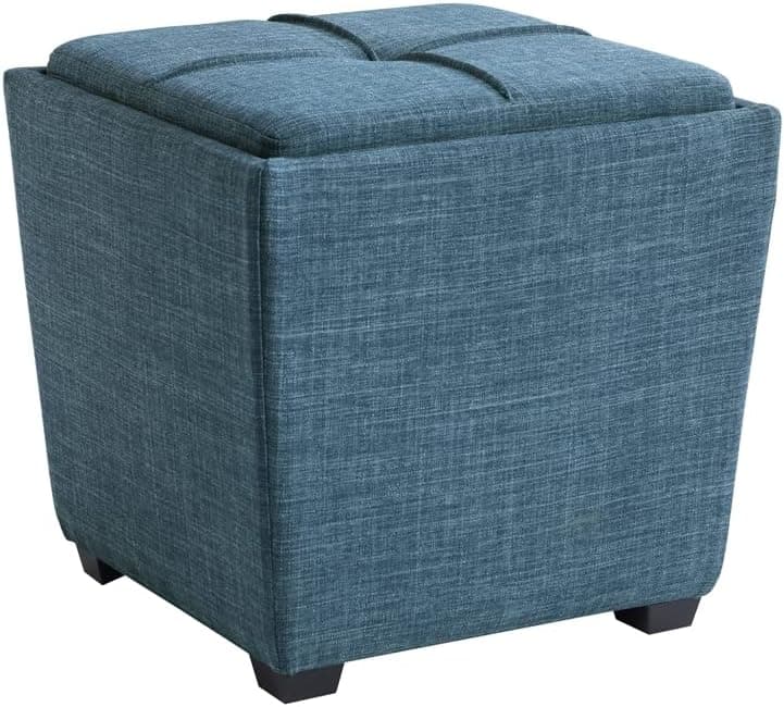 OSP Home Furnishings Ave Six Rockford Square Storage Ottoman with Padded Upholstery and Hidden Serving Tray, Blue Fabric