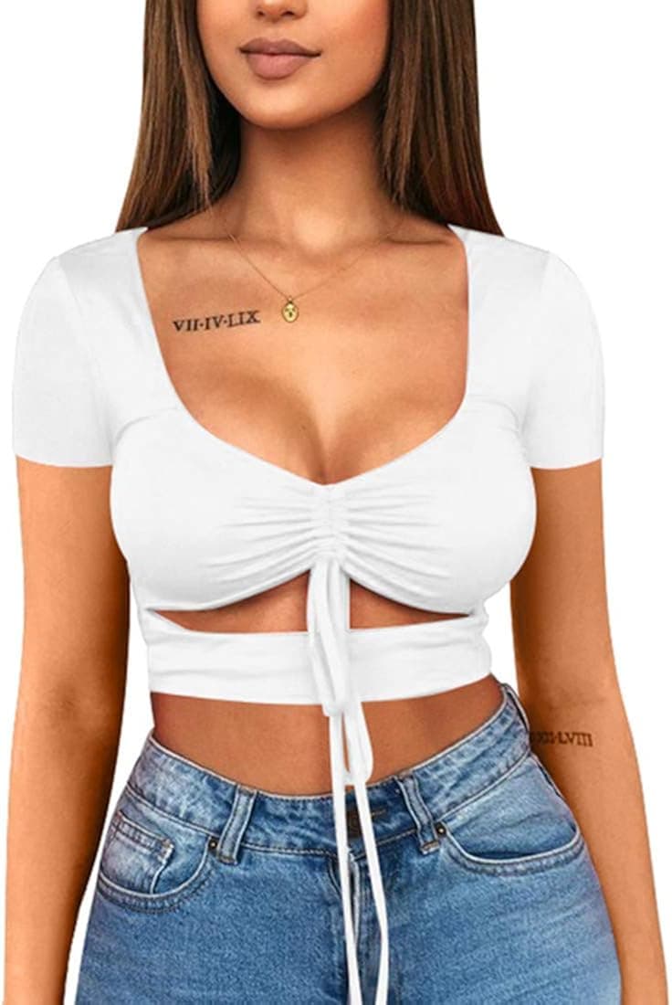 Mizoci Women's Sexy Ruched Tie Up Crop Top Basic Long Sleeve Cut Out T Shirt