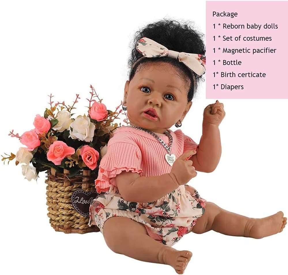 Aomkmi African American Reborn Baby Dolls Girl Silicone Full Body Realistic Weighted Newborn Toddler Saskia Baby Black Dolls 22inch Handmade Toy for Ages 3+