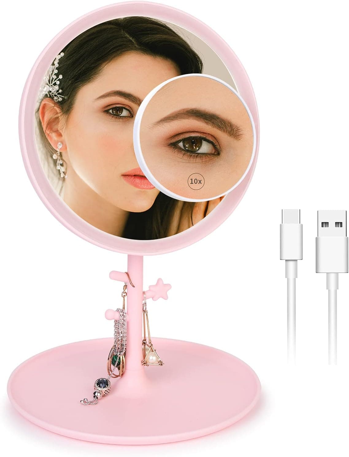 UZiLaCo Vanity Mirror with Lights Table Desk Mirror - 3 Color Brightness Adjustable,Touch Screen, A Small 10x Magnifying Mirror, Rechargeable Mirror for Home, Office, School Dormitory, Gift (Pink)