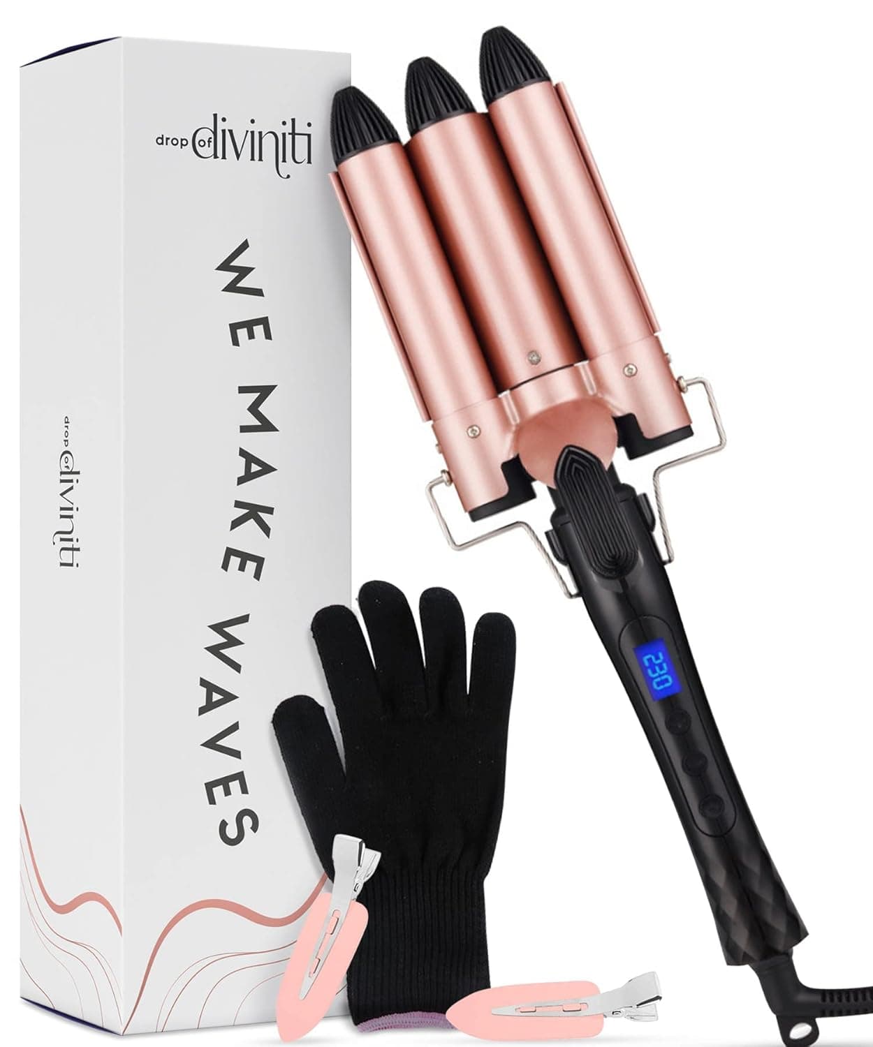 Hair Crimper for Women Beach Waves - Beach Waver Curling Iron Crimper Hair Iron Ceramic Barrels, Hair Waver 3 Barrel Curling Iron 1 Inch Barrels, Adjustable Heat, Auto Shutoff Waver Hair Tool DiviniTi