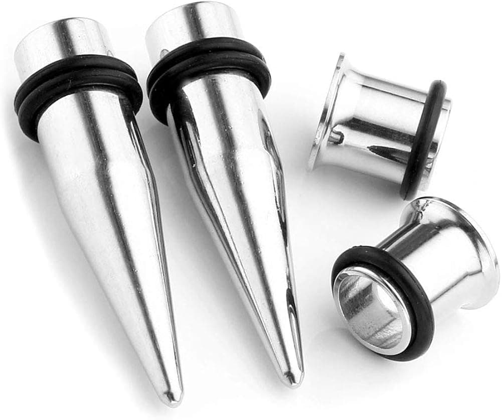 PiercingJ 4pcs 12G-00G Stainless Steel Tapers Stretcher + Ear Single-flared Tunnel Gauge Ear Stretching Kit