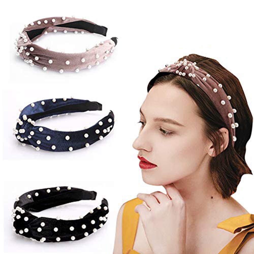 Knotted Wide Headband Vintage Velvet Twisted Beaded Headbands with Faux Pearl Turban Headwraps Bling Hairband Elastic Hair Hoops Elegant Hair Accessories for Women Girls,3 Pack