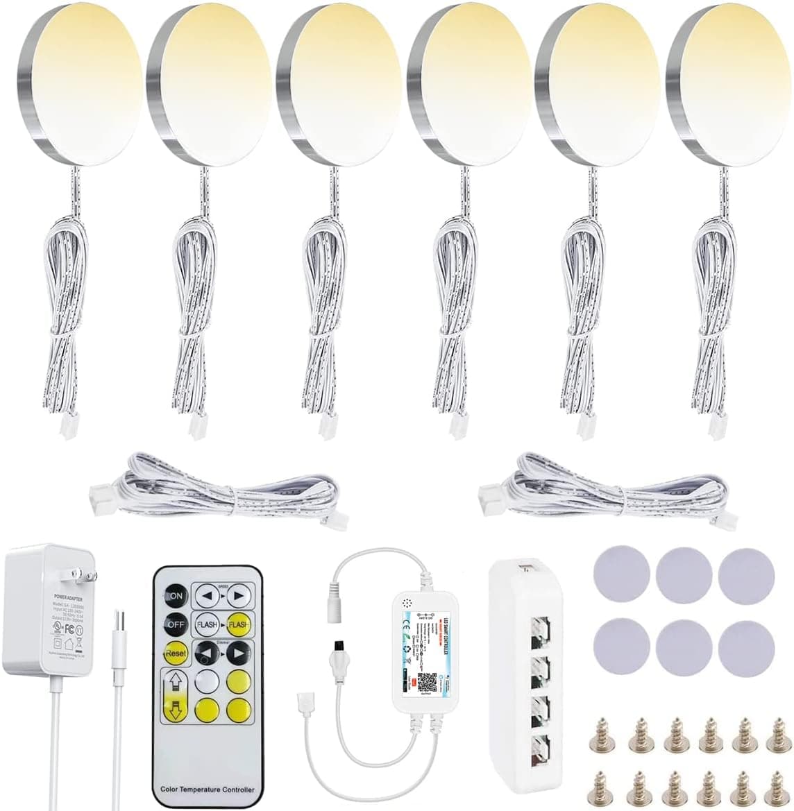 YSRSAI CCT Dimmable LED Under Cabinet Lighting Counter Showcase Kitchen Lighting Fixtures Work with Alexa, Echo, Google Home (No Hub Required), 2700K to 6500K with Remote Control (6 Lights Kit)