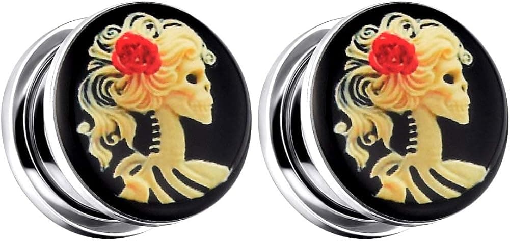 Qmcandy 1 Pair Skull Ear Tunnels Female Skeleton Ear Plugs Expander Gauges 2g-13/16 inch