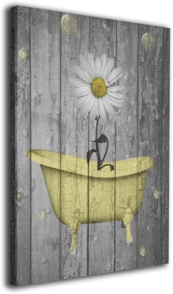 Ale-art Rustic Bathroom Wall Art Daisy Flower Bubbles Yellow Gray Vintage Rustic Bath Wall Art Ready to Hang for Wall Decor