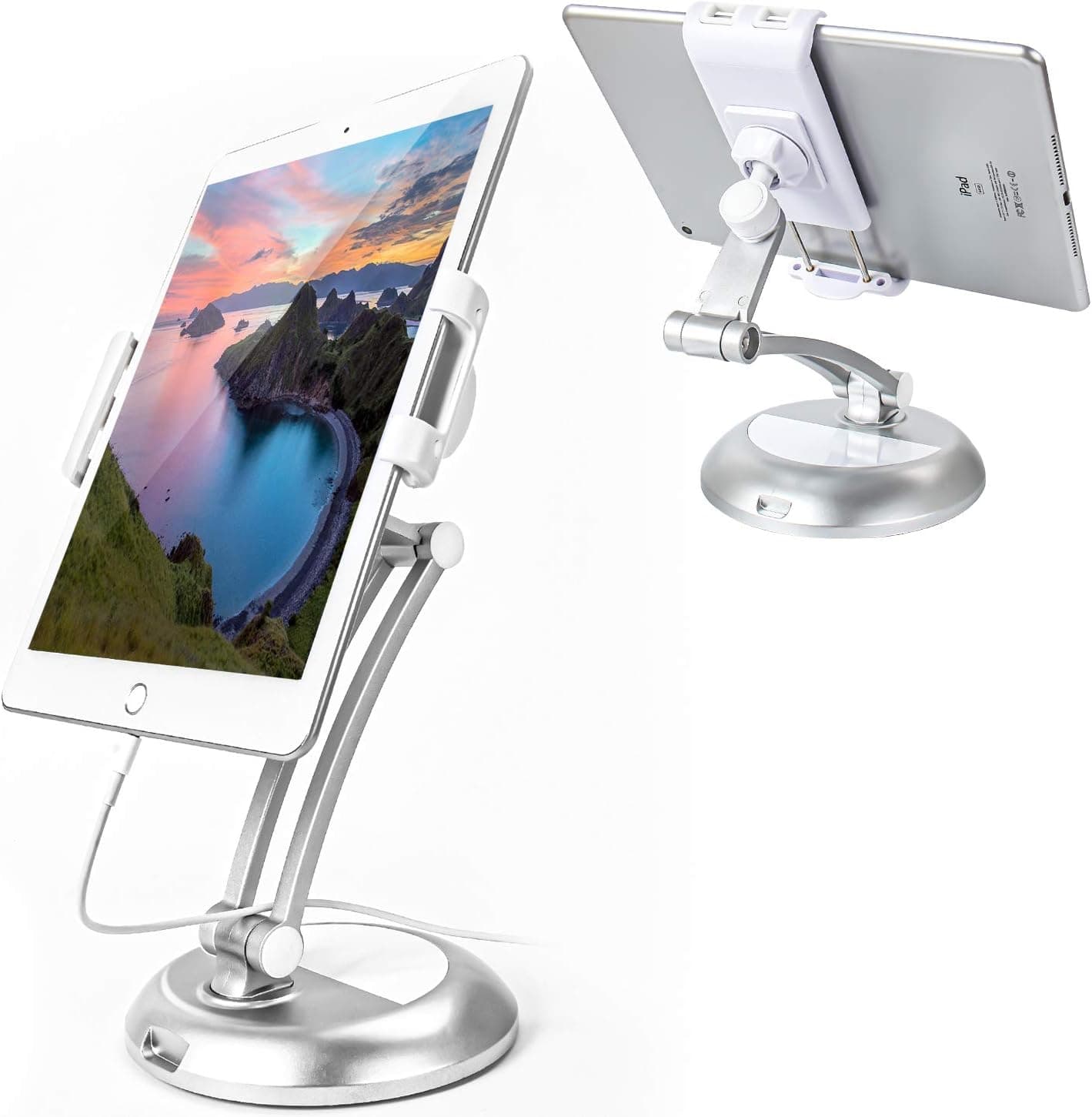 MOUTIK Adjustable Phone Stand Tablet Holder: 360° Rotated Tablet Desk Stands Tab 4-10 Inch (Silver)