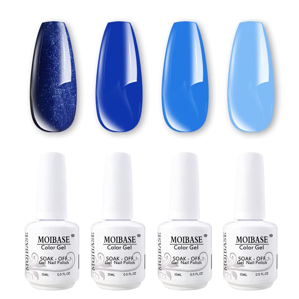 MOIBASE 15ml Blue Gel Nail Polish Varnish Soak Off UV Led Glitter Navy Sky Blue Nail Gel Polish Nail Art Salon Set of 4 Color C012