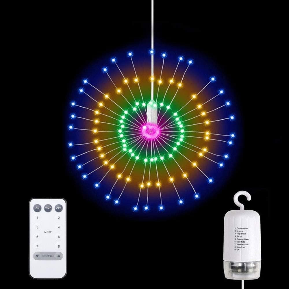 LED Firework Lights, 8 Modes & 150LEDs Dimmable Remote Control Hanging Starburst Fairy Twinkle Lights Battery Operated Waterproof Copper Wire Decorative Lights for Garden, Party - Multi-Color