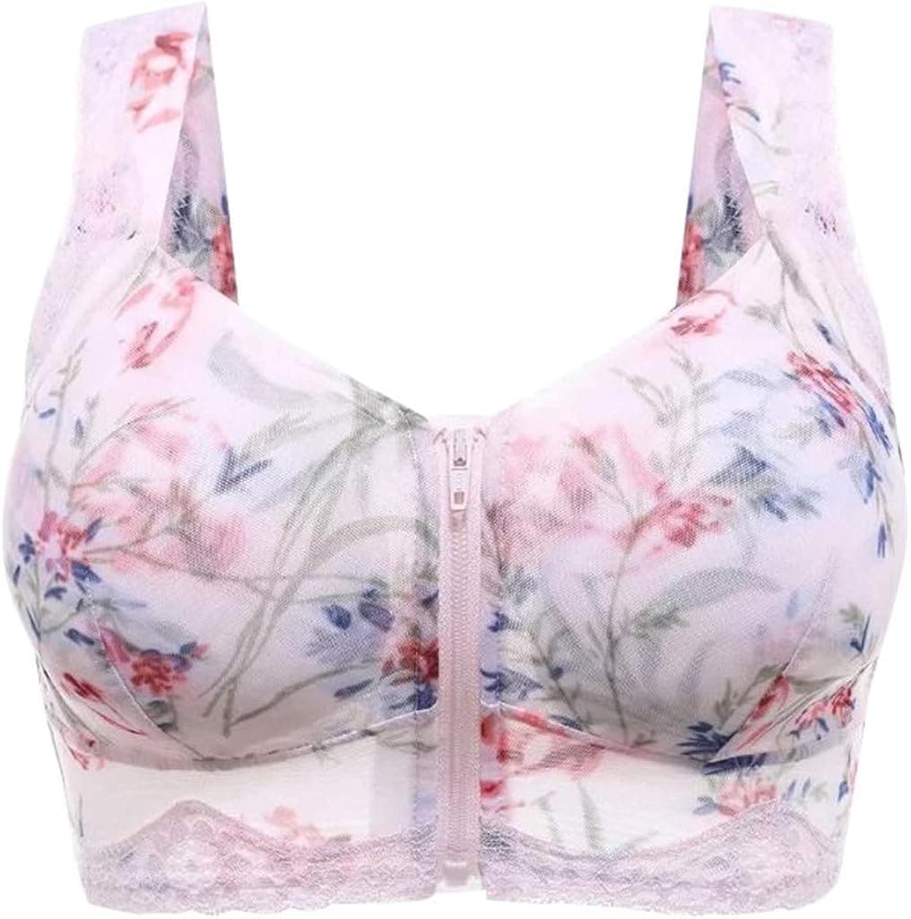 Women Zip Front Sports Bra Wireless Post-Surgery Bra Flower Print Adjustable Active Yoga Sports Bras