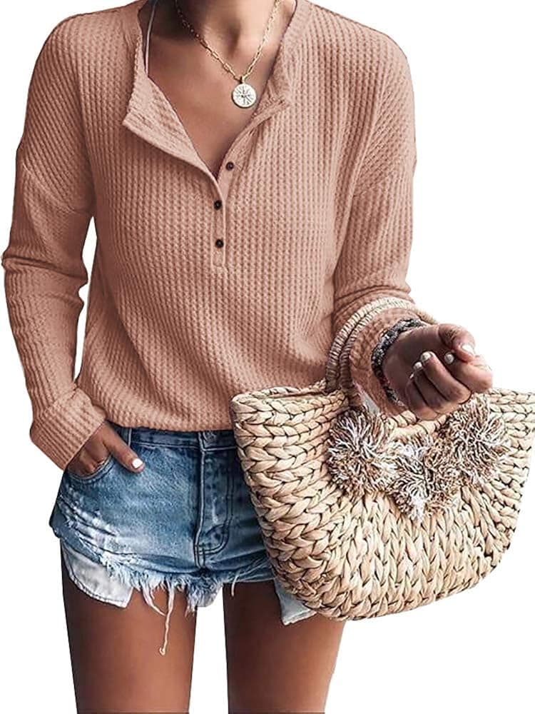 Womens Henley Shirts V Neck Long Sleeve Button Down Tops Warm Waffle Knit Tees