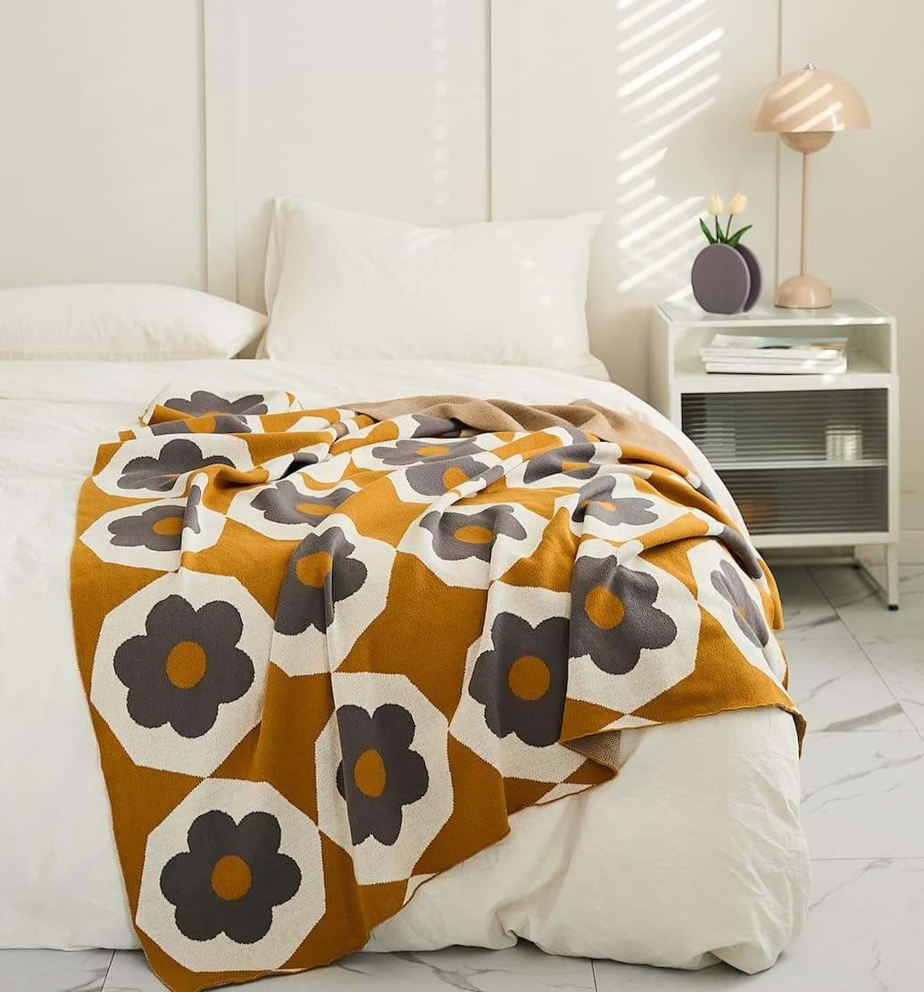 koez daizy Retro Flower Throw Blanket Cozy Knit Boho Hippie Decor for Bedroom Sofa and Chair 63” x 51” -Floral- (Orange, Ivory, Gray)