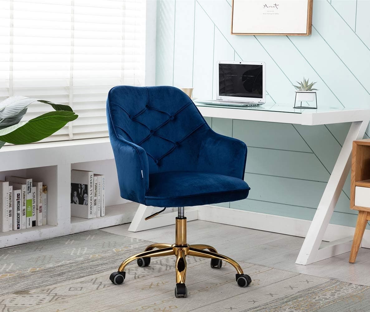 SLEERWAY Velvet Swivel Home Office Desk Chair for Computer Desk, Accent Chair Modern Task Chair for Living Room and Bedroom (Dark Blue)