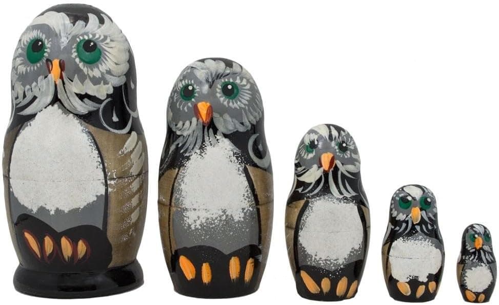 BestPysanky Set of 5 Owl Family Wooden Matryoshka Animal Nesting Dolls 4.25 Inches