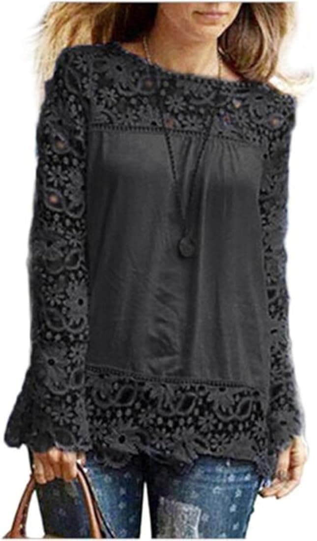 Hemlock Lace Blouse Tops, Women Long Sleeve Shirt Loose Plus Size Shirt (XXXL, Black)