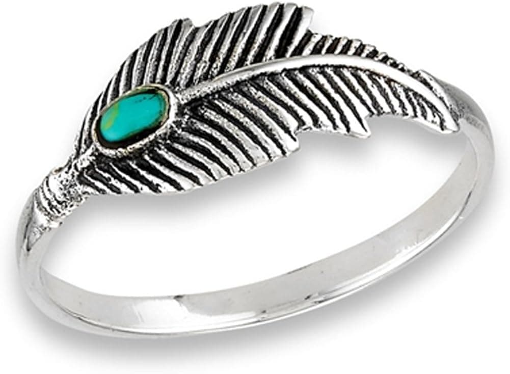 Simulated Turquoise Oxidized Feather Ring .925 Sterling Silver Tree Leaf Band Sizes 6-10