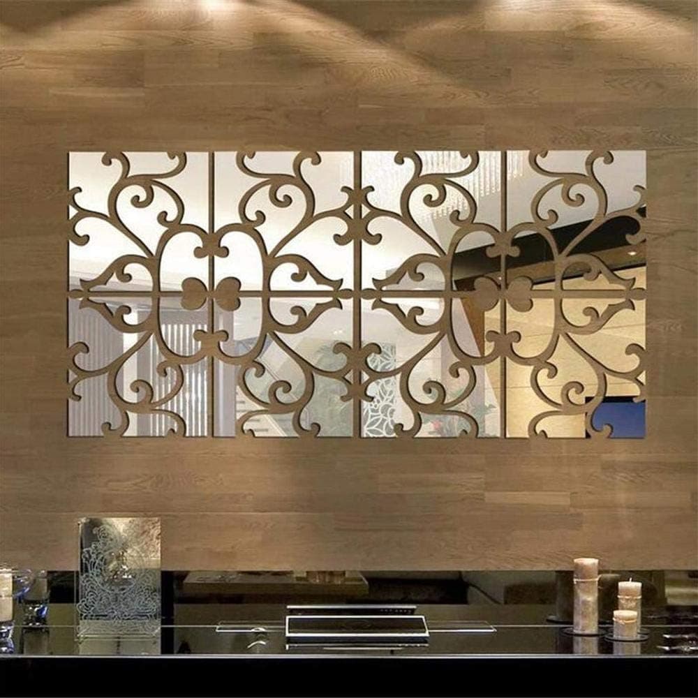 Yusylvia Set of 8PCS Large 3D Decorative Wall Decals for Home, Large Modern Acrylic Mirror, Fixed Living Surface, Fashionable DIY Wall Sticker (Large 25X25CM, Silver)