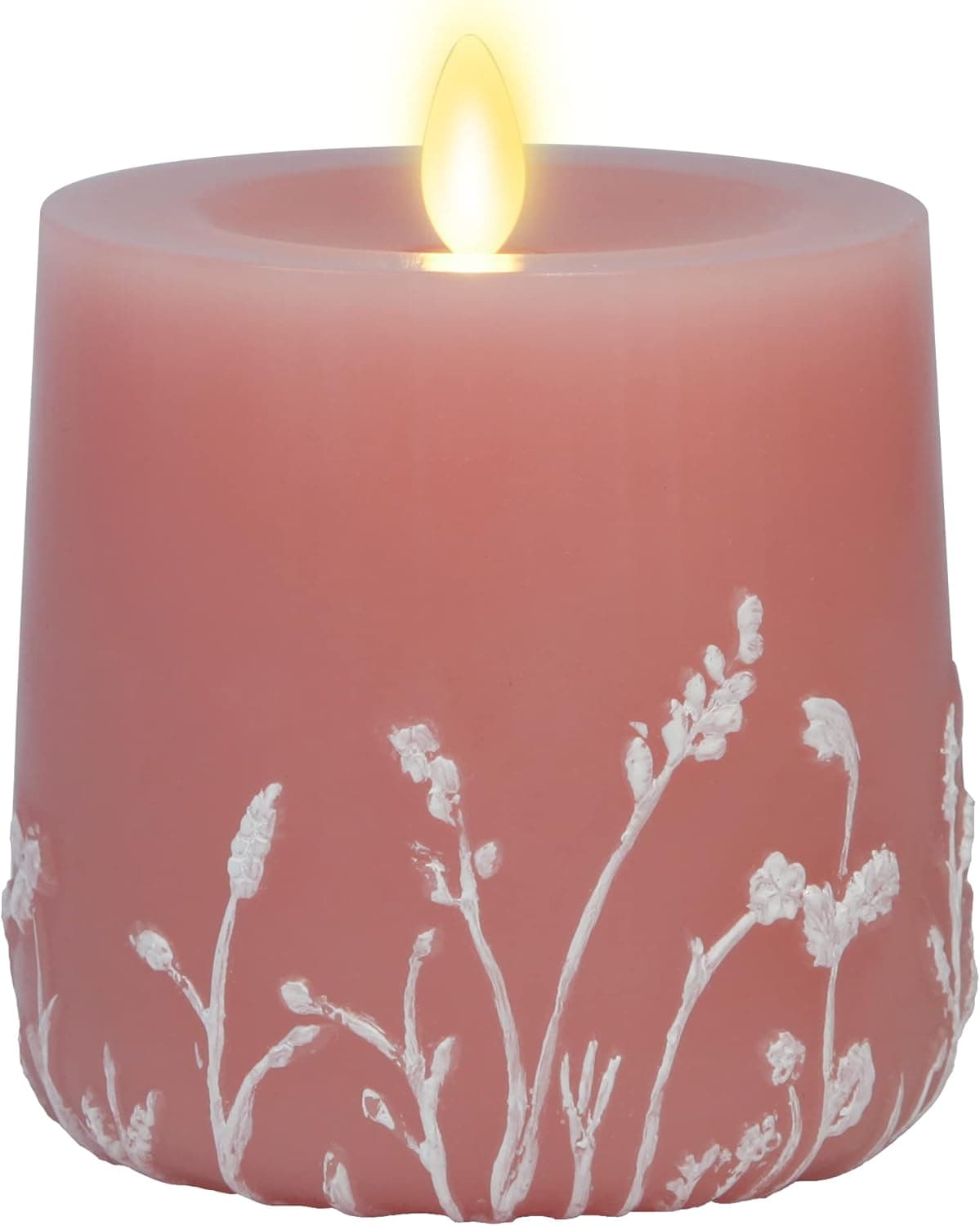 Luminara Flameless Moving Flame Candle Goblet LED Pillar 4" x 4.5" Embossed Floral Printed Unscented Real Wax, Recessed Edge Timer and Remote Ready (Rose Tan)