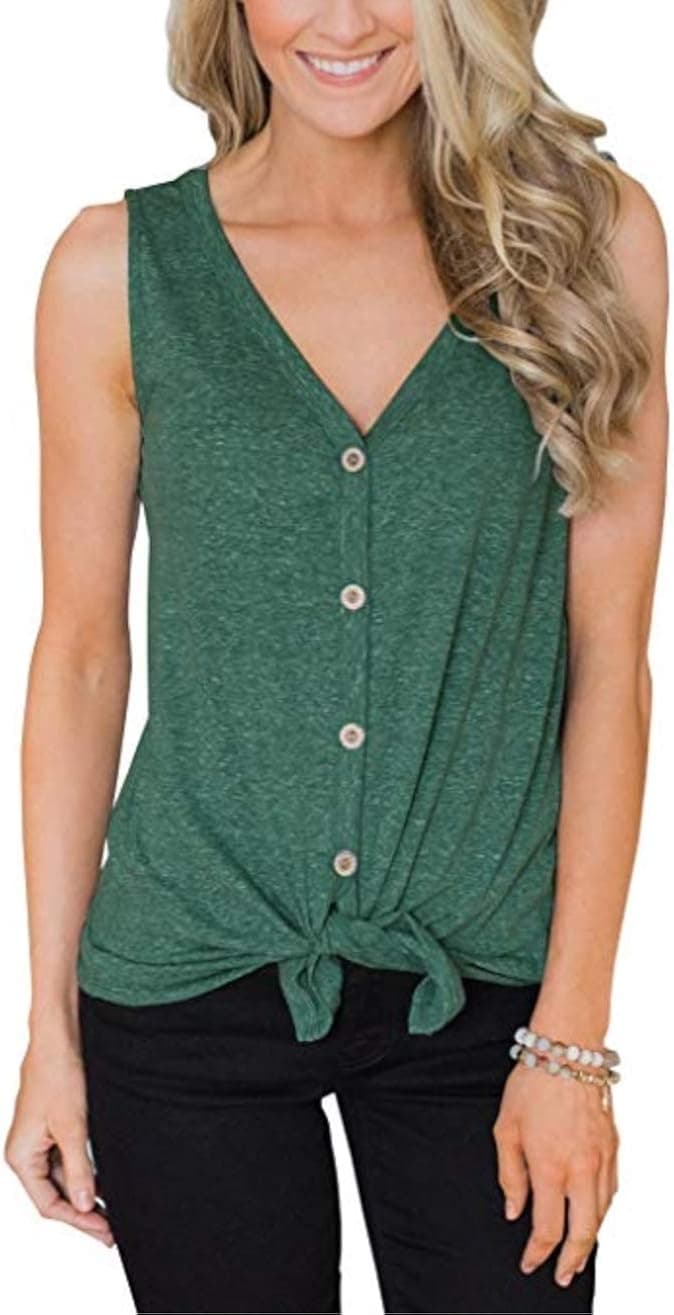 Women's Knits Tees Sleeveless Tunic Tops Cotton Blouse Tie Knot Henley Soft Casual Tops Loose Fitting Plain Shirts Green-20 XXL