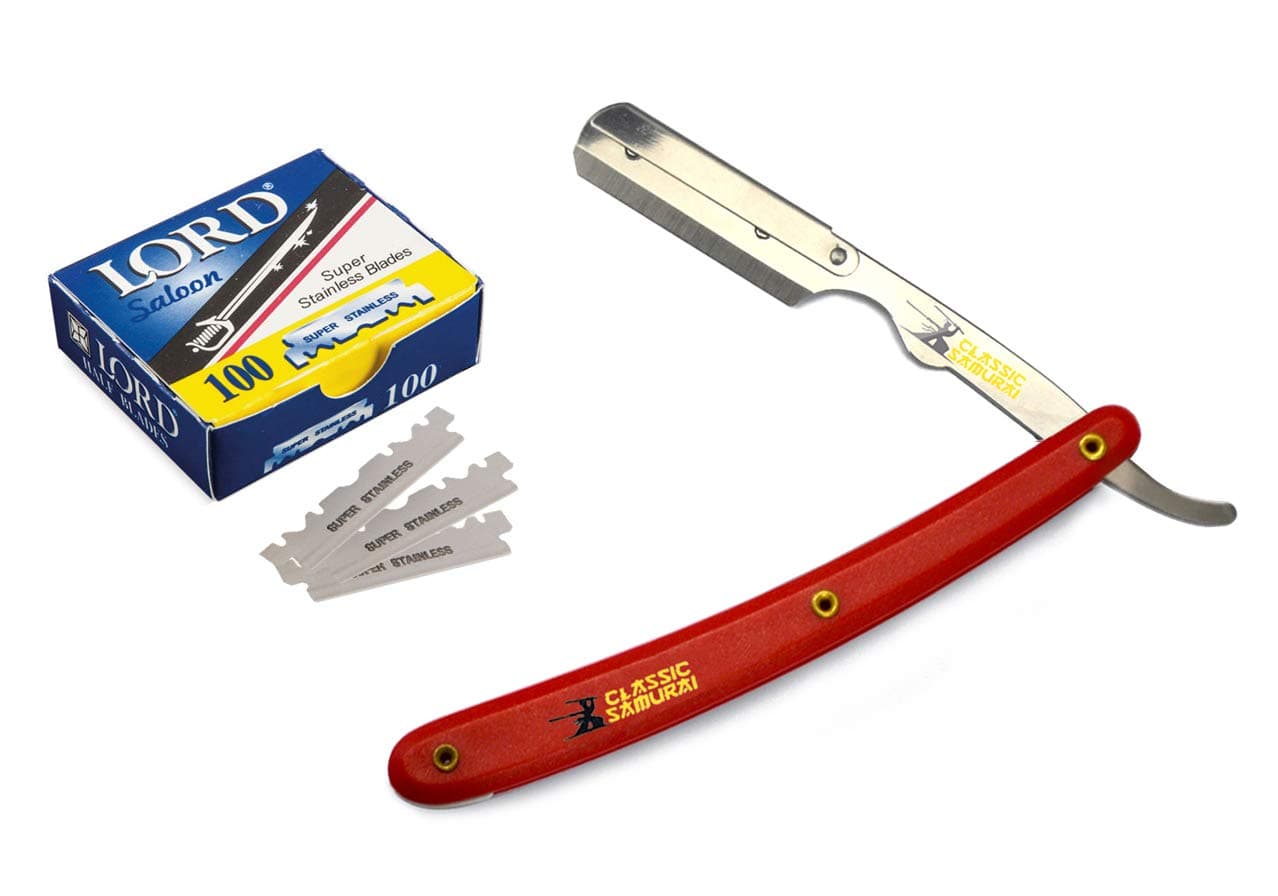 Classic Samurai Stainless Steel Professional Barber Straight Edge Razor with 100 Lord Count Single Edge Razor Blades (Red)