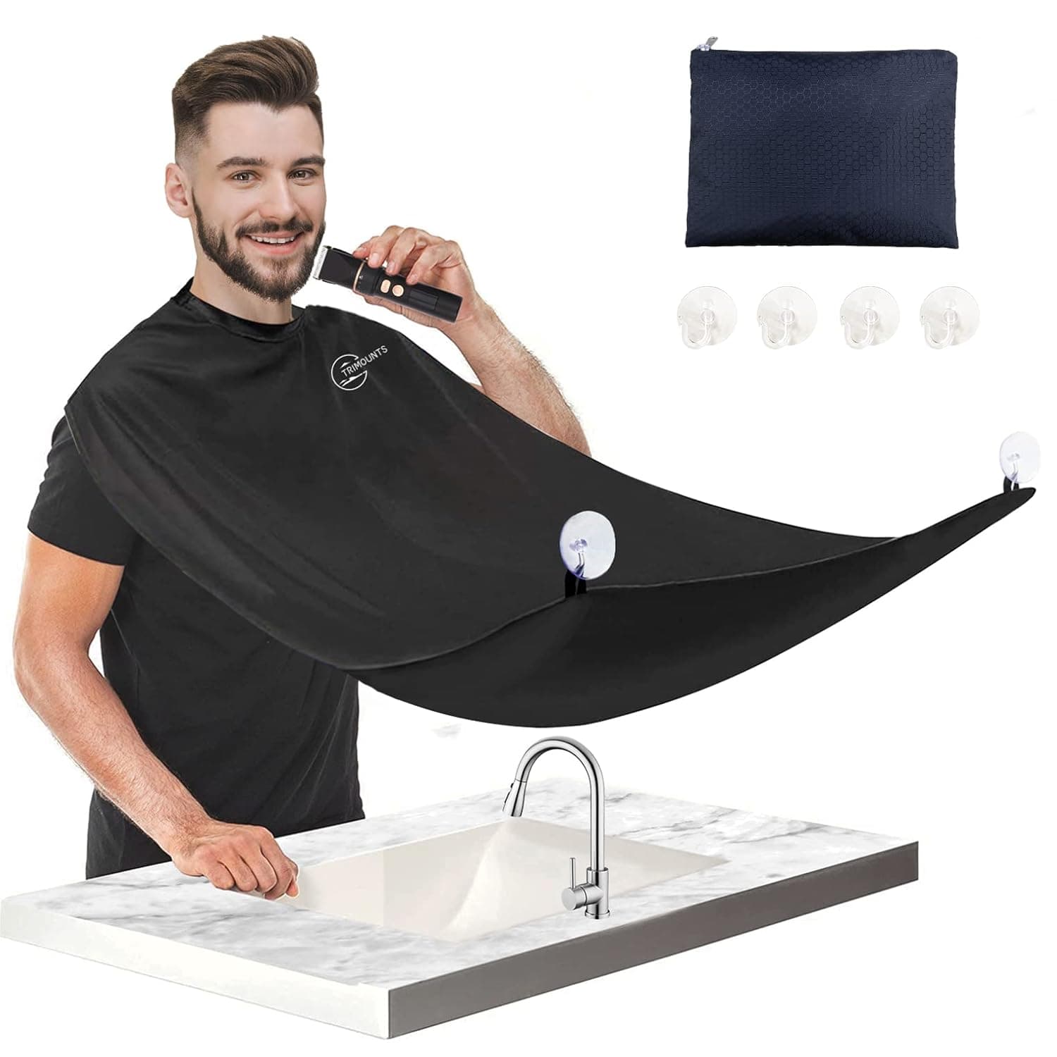 Trimounts Beard Bib Apron for Men,Beard Hair Catcher for Shaving and Trimming,Non-Stick Beards Cape,with 4 Strong Suction Cups,One Size Fits All,Best Gifts for Boyfriend or Husband BLACK