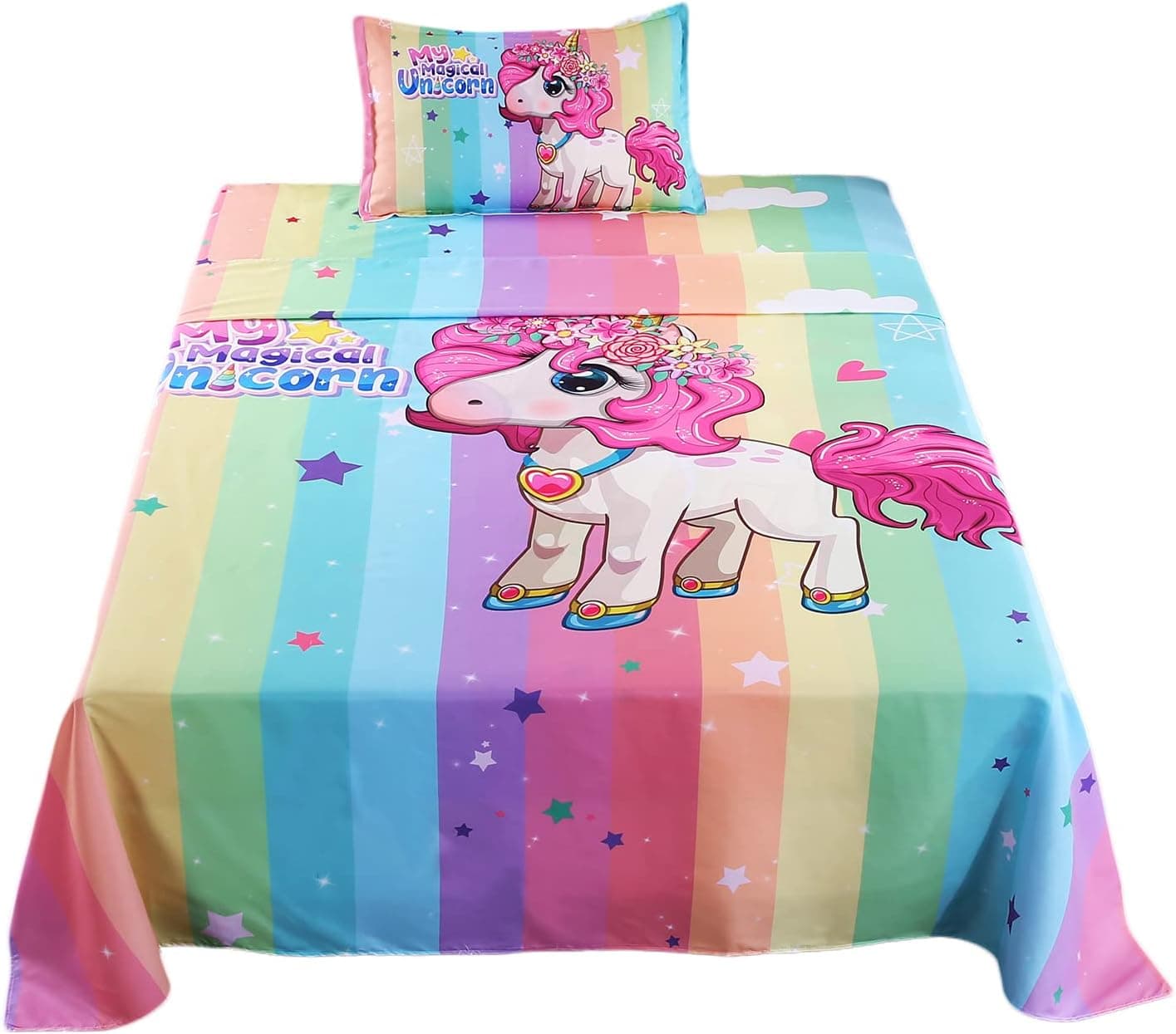 ADASMILE A & S Unicorn Sheets Twin Size for Girls Rainbow Unicorn Bedding Set Magical Unicorn Fitted Sheet Pink Hair Cartoon Unicorn Bed Set with 1 Flat Sheet 1 Fitted Sheet 1 Pillow Case Home Decor