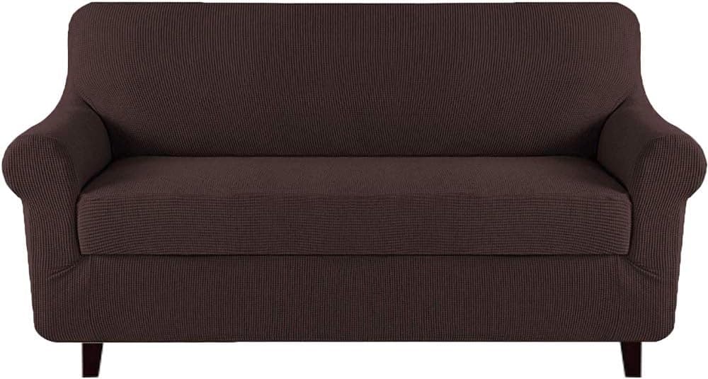 High Stretch Jacquard 2 Pieces Sofa Cover Couch Cover Furniture Sofa Slip Covers for Living Room, Polyester Spandex Jacquard Fabric Small Checks (Sofa, Brown)
