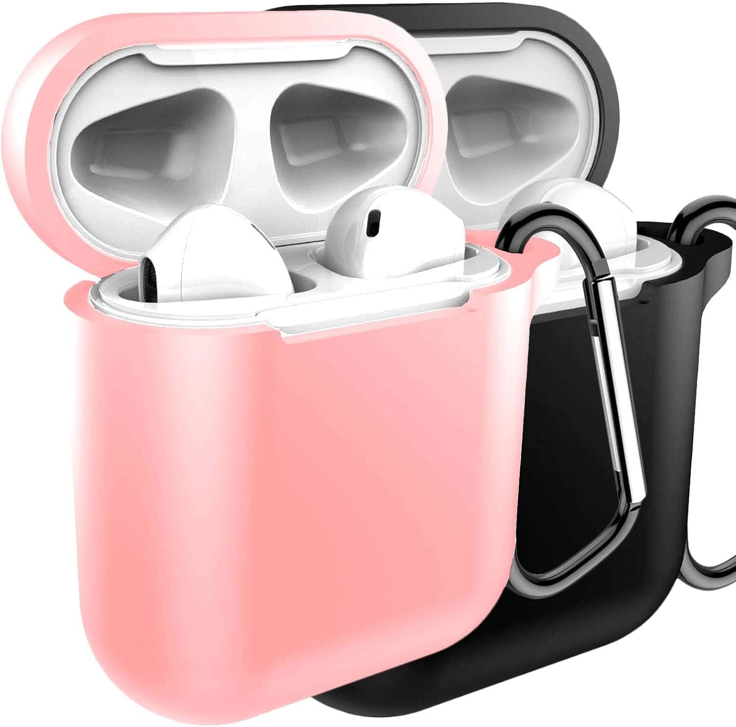 2 Pack Compatible with Airpods 1/2 Wire Charge Case, 360 Protective Silicone Airpods Accessories Kit with Keychain,Protective Thicken Cover Soft Silicone Chargeable Headphone Case-Black+Pink