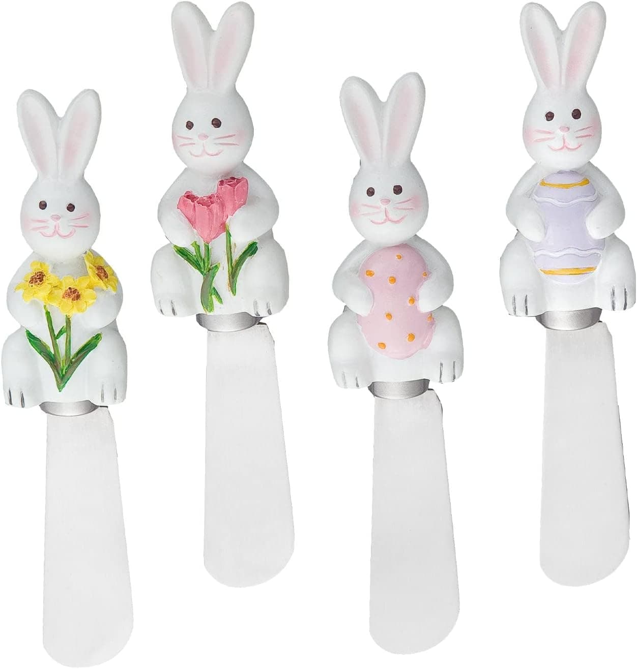 Wine Things 4-Piece Hand Painted Resin Handle with Stainless Steel Blade Cheese Spreader Butter Spreader knives (Easter Bunny)