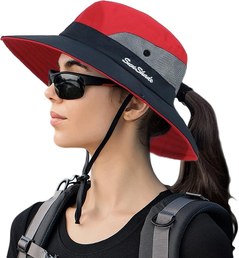 Womens Outdoor Sun Hat Breathable Packable Boonie Wide Brim Bucket Cap Fishing Hiking Ponytail Hole