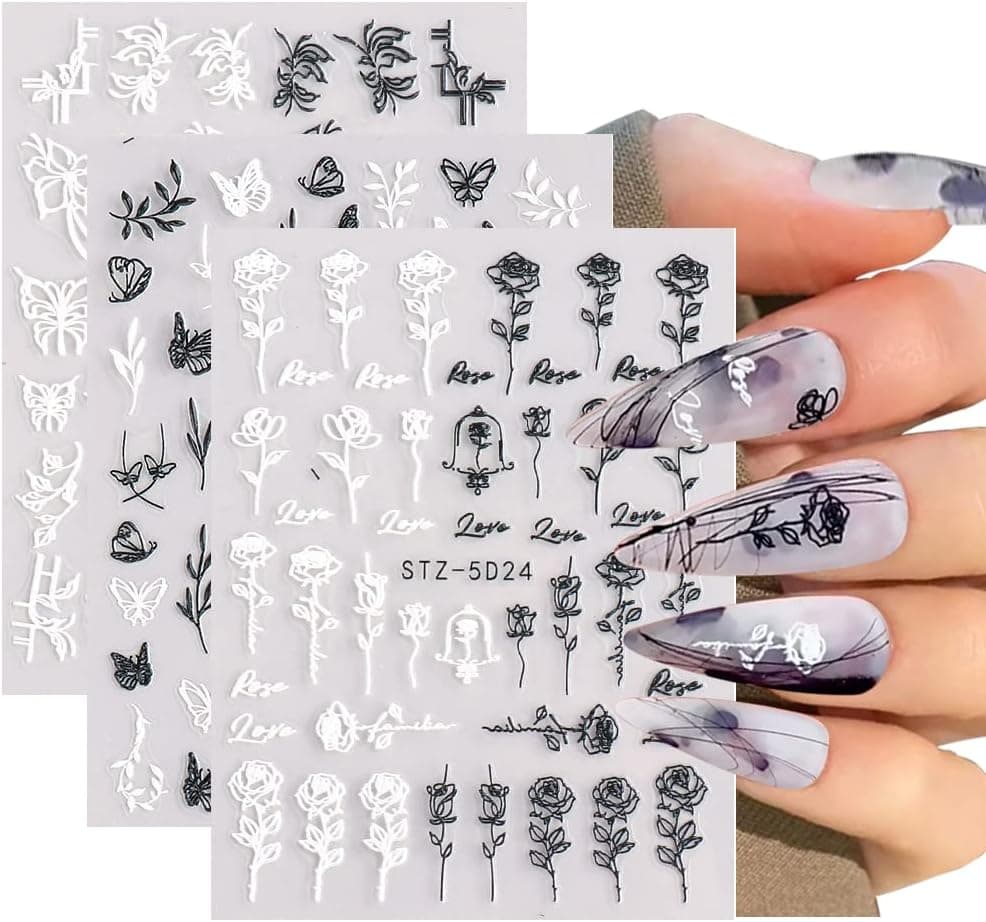 5D Flowers for Nails ,Self-Adhesive Black White Rose Butterfly Nail Stickers Nail Decal Art Design Manicure DIY Decoration for Women Girls 3 Sheets