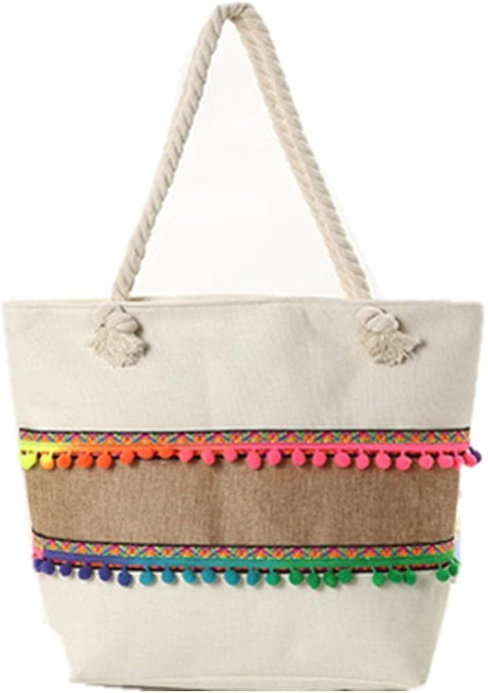 Women's Canvas Shoulder Hand Bag Tassel Tote Bag Beach bag Portable Handbag (17.71 X12.59X5.51Inch, White)