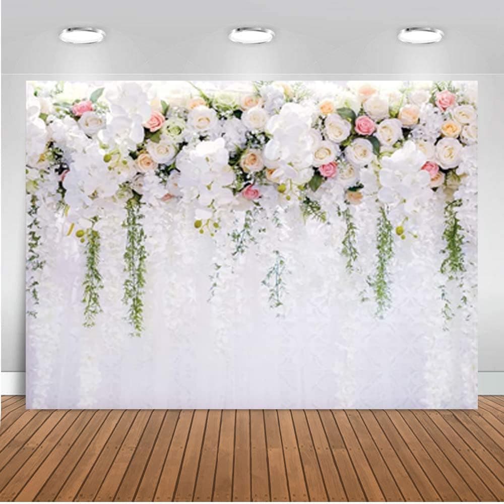 Bridal Shower 7x5ft Wedding Flower Wall Background White and Green Wisteria Rose Flower Background Dessert Table Decoration Photography Newborn Background 059