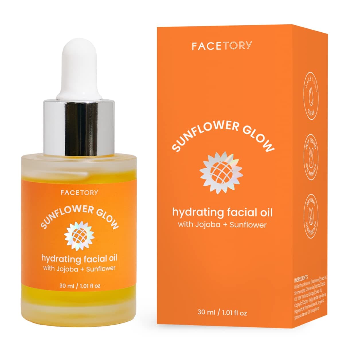 FACETORY Sunflower Glow Hydrating Facial Oil with Jojoba and Sunflower 30ml / 1.01 fl oz - with Jojoba Oil and Sunflower Seed Oil, Protecting and Balancing, For All Skin Types