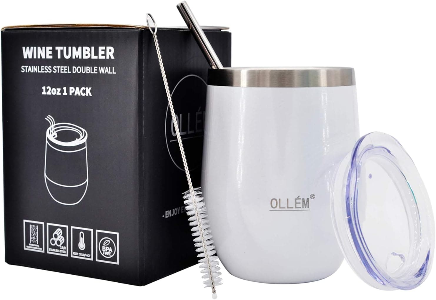 OLLÉM Wine Tumbler, Stainless Steel Insulated Wine Tumbler with Lid and Straw,12 oz Double Wall Stemless Wine Glass for Hot or Cold Drinks, Travel Tumbler for Women (Glitter White)