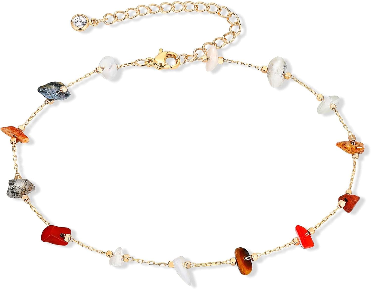 KAERUN Ankle Bracelets for Women Teen Girls Colorful Adjustable Natural Crystal 14K Gold Plated Cute Anklets Summer Beach Foot Chain Jewelry