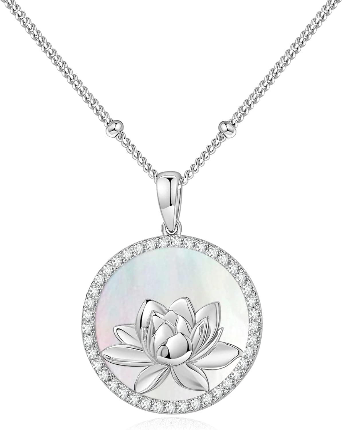 AGVANA Mothers Day Gifts Sterling Silver Birth Flower Necklace for Women Genuine Mother of Pearl CZ Round Disc Halo Pendant Necklace Fine Jewelry Anniversary Birthday Gifts for Women Girls Wife Mom