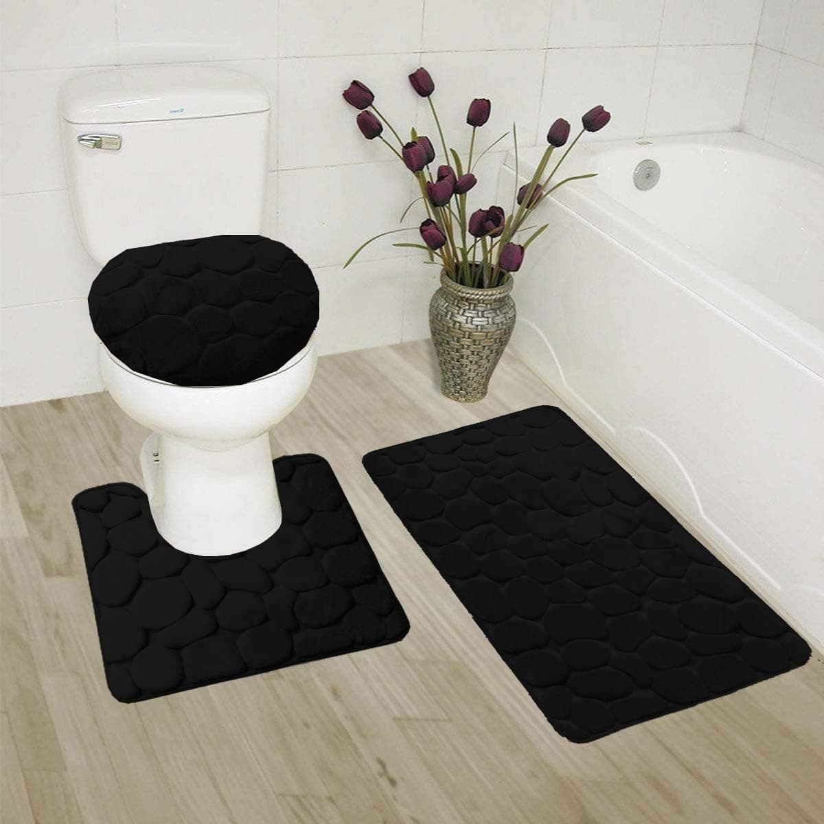 Elegant Home 3 Piece Solid Color Rock Embossed Memory Foam Bathroom Rug Set Bath Rug, Contour Mat, Lid Cover Non-Slip with Rubber Backing # Rock (Black)
