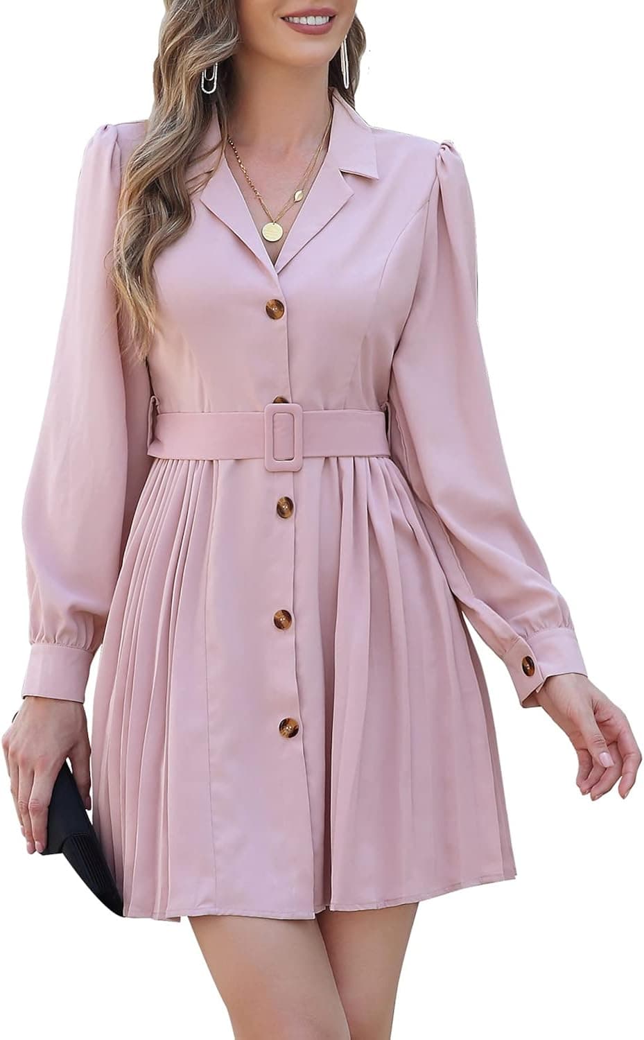 I2CRAZY Womens Notch Lapel Long Sleeve Pleated Swing A Line Mini Dress V Neck Button Down High Waist Belted Shirt Dress