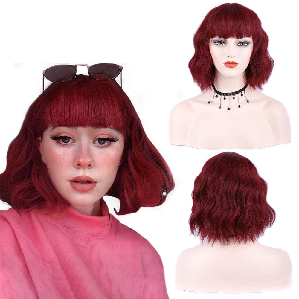 AISI QUEENS Short Wavy Wig with Bangs Bob Curly wavy Wig for women Short Bob Curly Wig 14 inches Shoulder Length wavy wig Wine Red wig Synthetic Heat Resistant Fiber Hair for Daily Party Wear
