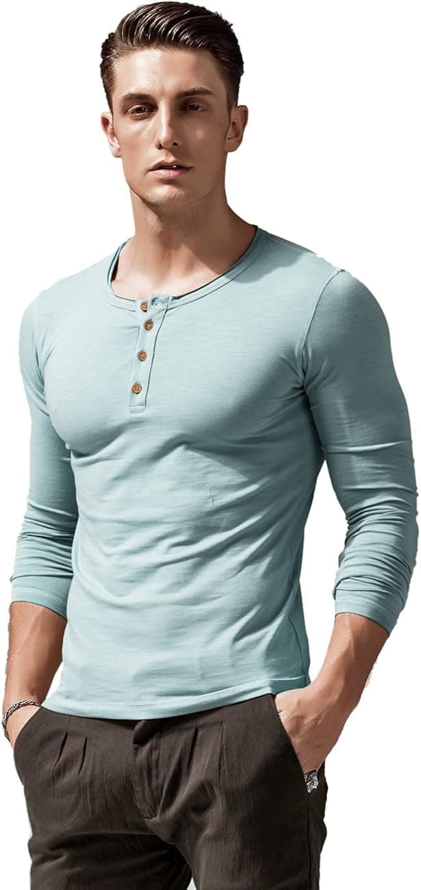 XShing Mens Long Sleeve Button Up Henley Shirts Stretchy Slim Fit Athletic Casual Tee