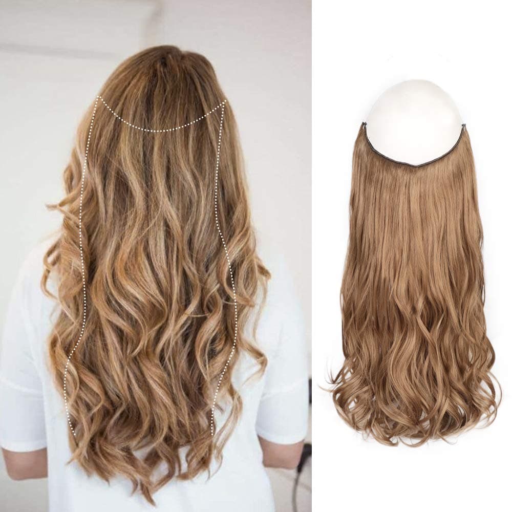 AISI BEAUTY Synthetic Halo Hair Extension with Invisible Transparent Wire Adjustable Size 16 Inches Wavy Secret Flip in Curly Hair Extension Hidden Wire Crown Headband Hairpiece for Women