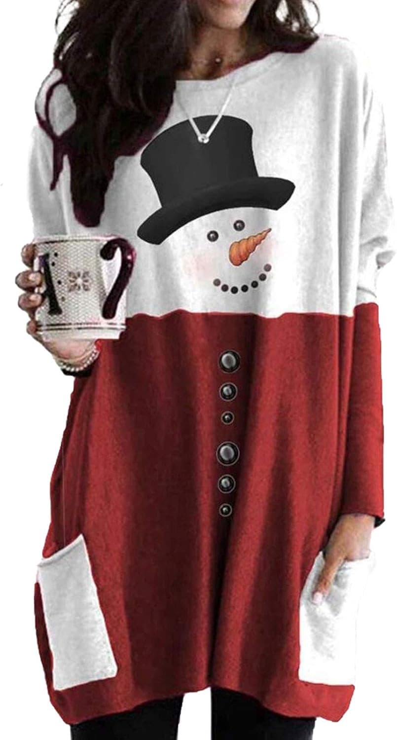 Women Christmas Tunic Long Sleeve Letter Shirt Top Blouse Lounge Casual Pullover Set with Pocket